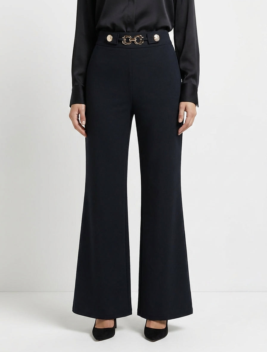 Pantalón ancho de cintura alta con joyas - Negro