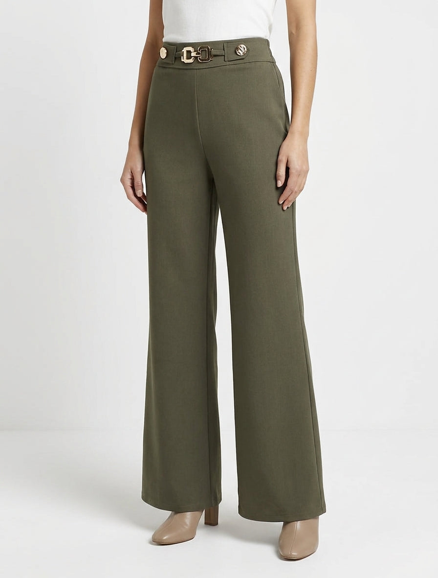 Pantalón ancho de cintura alta con joyas - Caqui