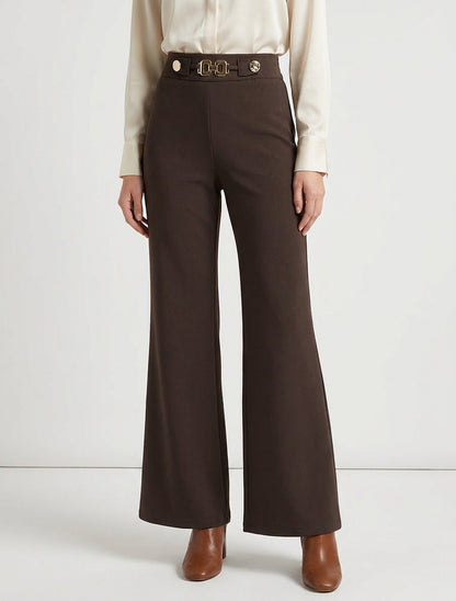 Pantalón ancho de cintura alta con joyas - Marrón