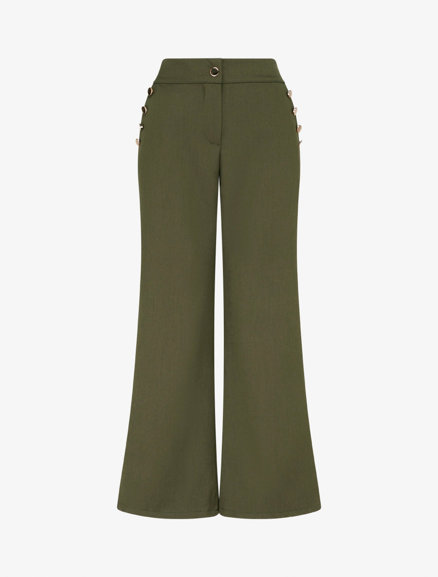 Pantalon taille haute coupe flare à boutons décoratifs dorés - Kaki - 1