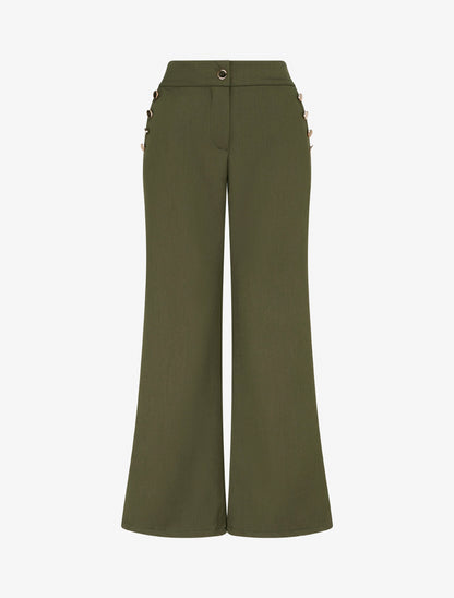 Pantalon taille haute coupe flare à boutons décoratifs dorés - Kaki - 1