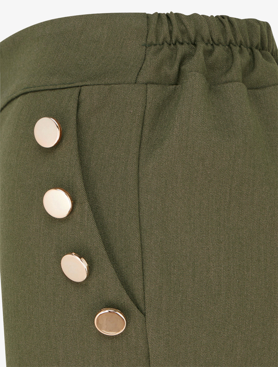 Pantalon taille haute coupe flare à boutons décoratifs dorés - Kaki - 3