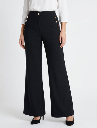 Pantalón de talle alto corte flare con botones decorativos dorados. - Negro