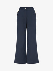 Pantalon taille haute coupe flare à boutons décoratifs dorés - Marine - 1