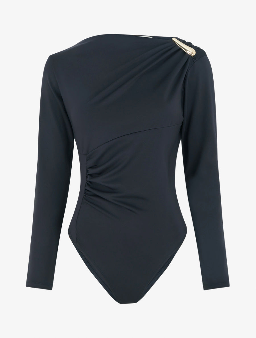Body satiné à col asymétrique et bijou - Bleu nuit - 1