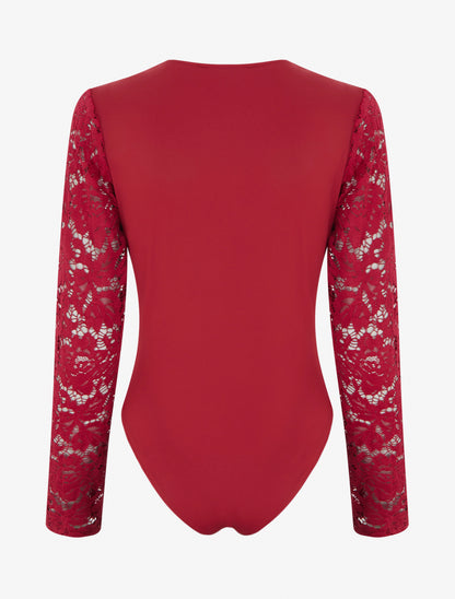 Body à manches longues et col en dentelle - Rouge - 2