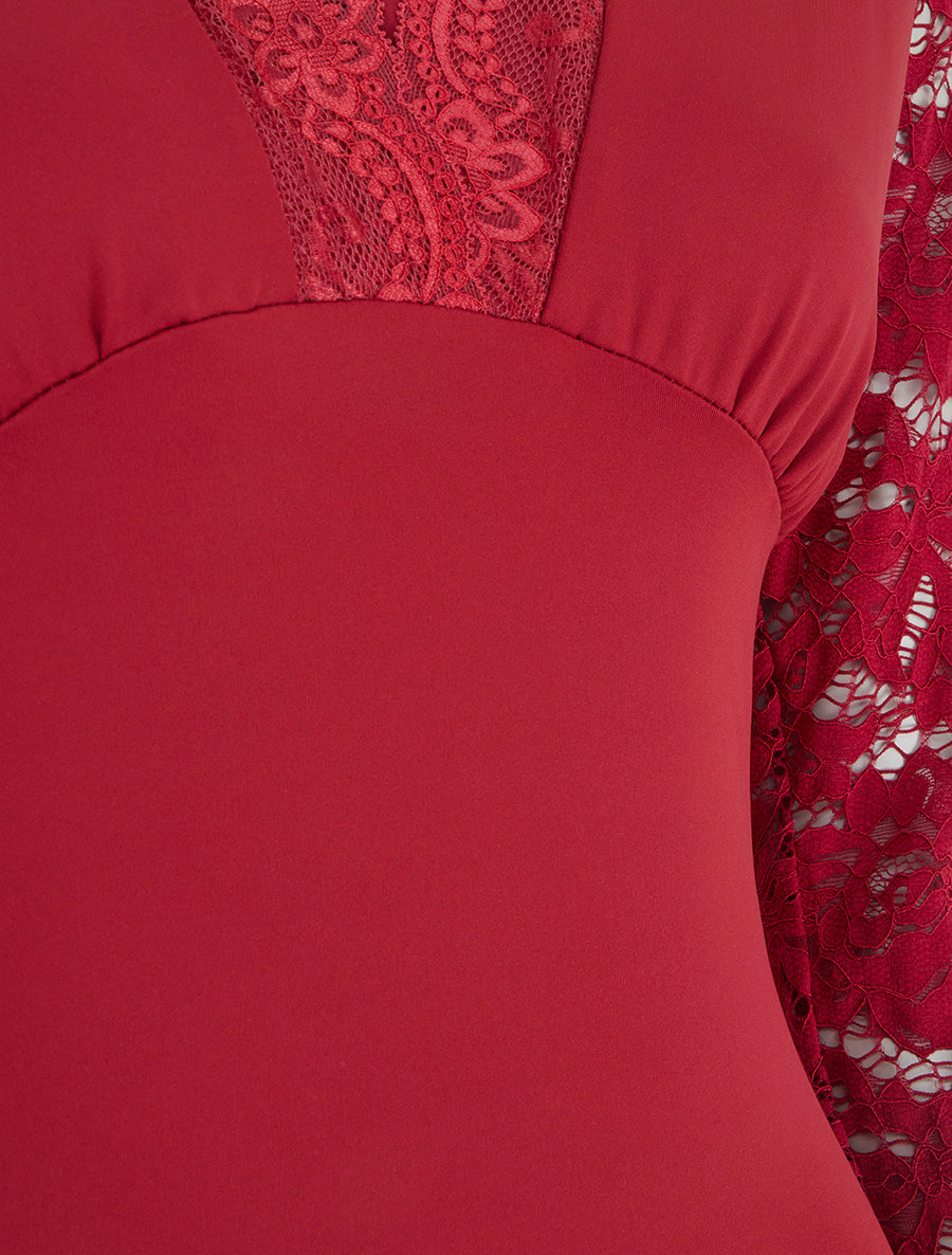 Body à manches longues et col en dentelle - Rouge - 3
