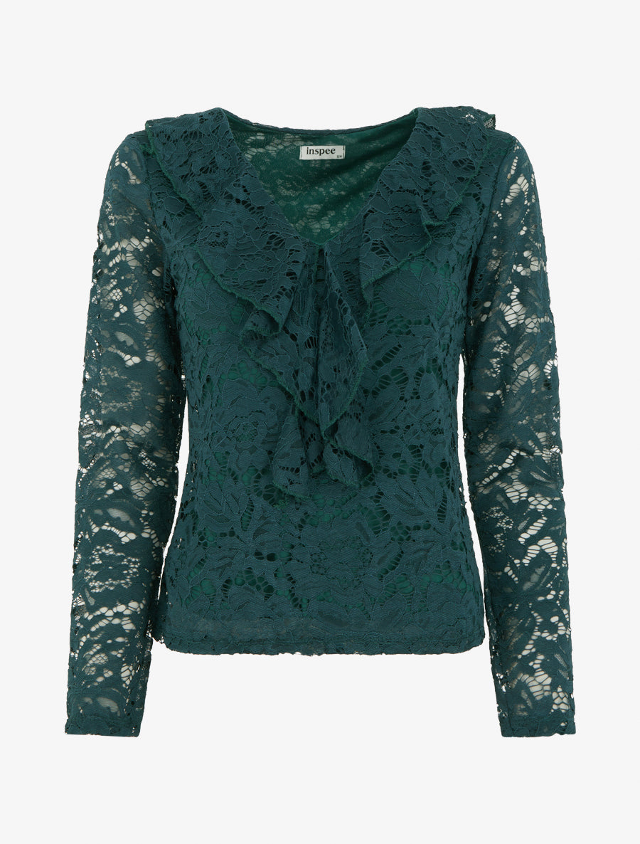 Top en dentelle à col V volanté - Vert foncé - 1