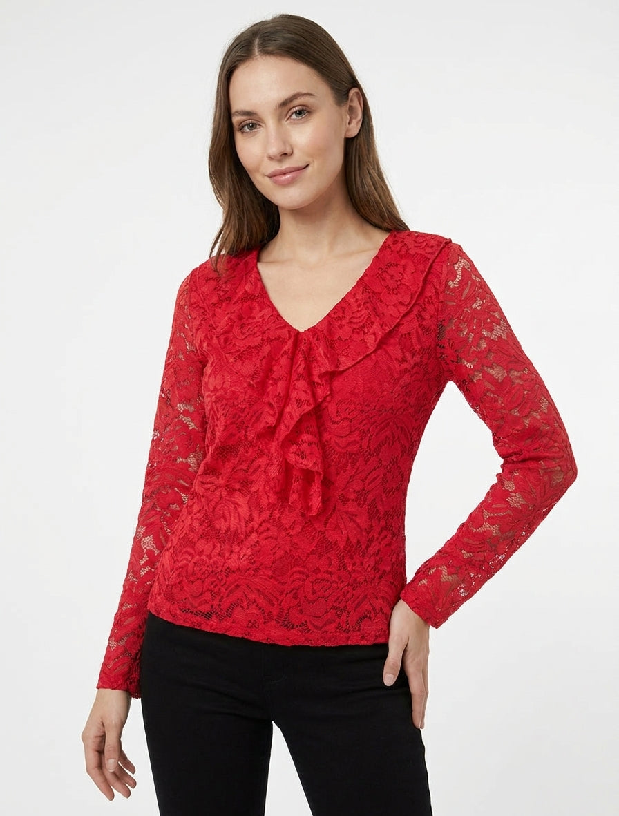 Top de encaje con cuello en V con volantes - Rojo