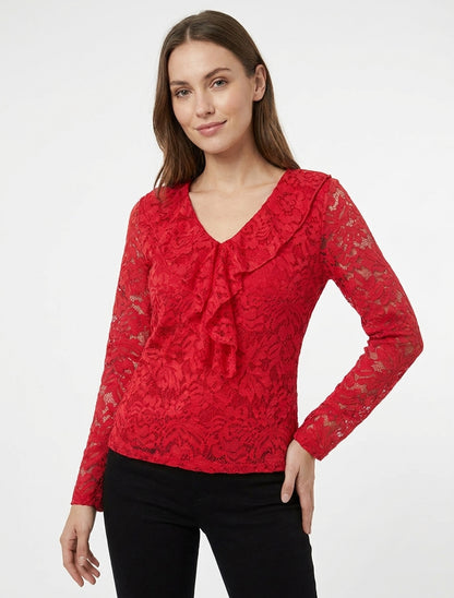 Top de encaje con cuello en V con volantes - Rojo