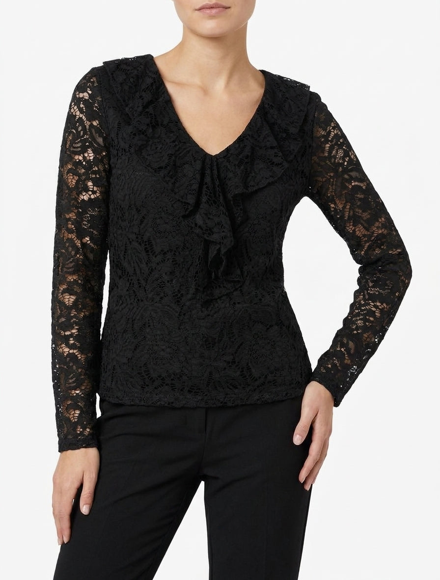 Top de encaje con cuello en V con volantes - Negro