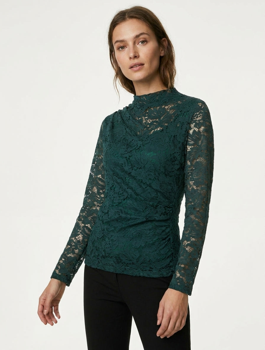 Top de encaje con cuello alto - Verde oscuro