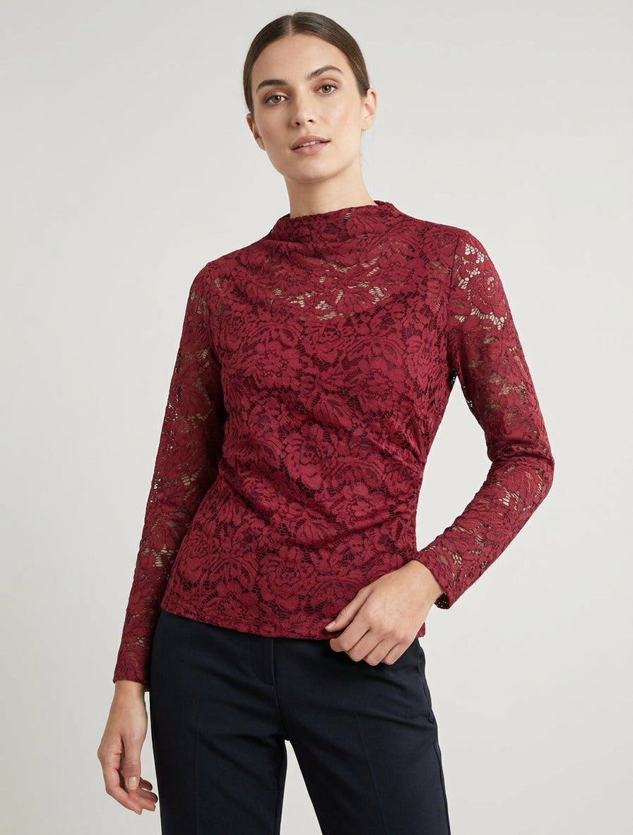 Top de encaje con cuello alto - Burdeos