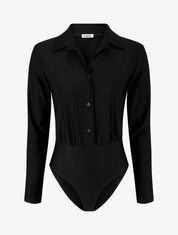 Body satiné style chemise - Noir - 1