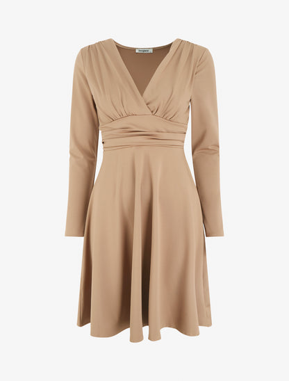 Robe patineuse manches longues à taille plissée - Camel clair - 1