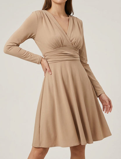 Vestido skater de manga larga con cintura plisada - Camello claro