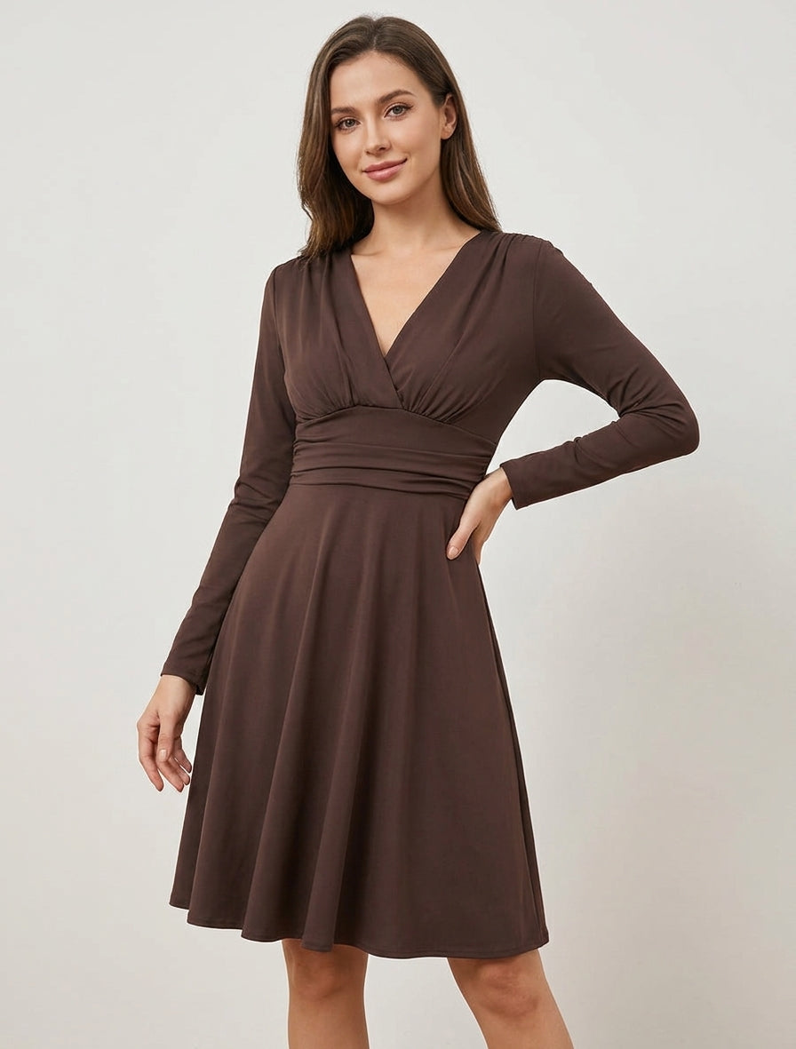 Vestido skater de manga larga con cintura plisada - Marrón