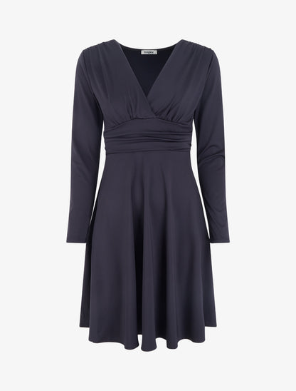 Robe patineuse manches longues à taille plissée - Marine - 1