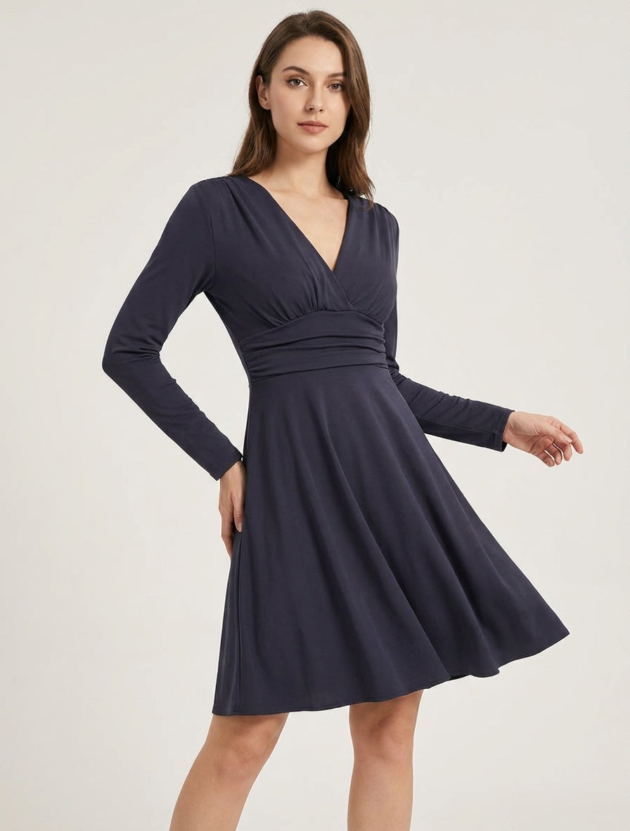 Vestido skater de manga larga con cintura plisada - Marine