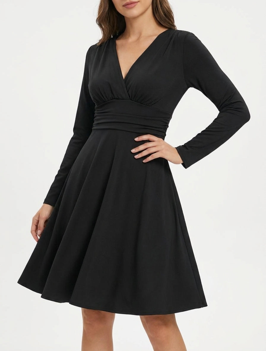Vestido skater de manga larga con cintura plisada - Negro