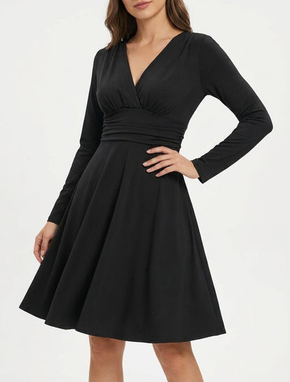 Vestido skater de manga larga con cintura plisada - Negro