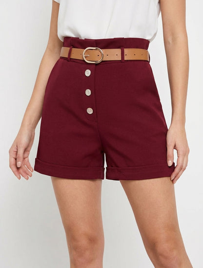 Short de corte paperbag con botones decorativos. - Burdeos