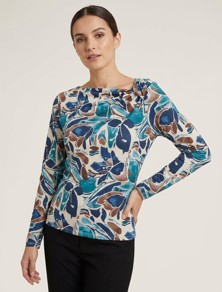 Top estampado floral de manga larga - Azul pato