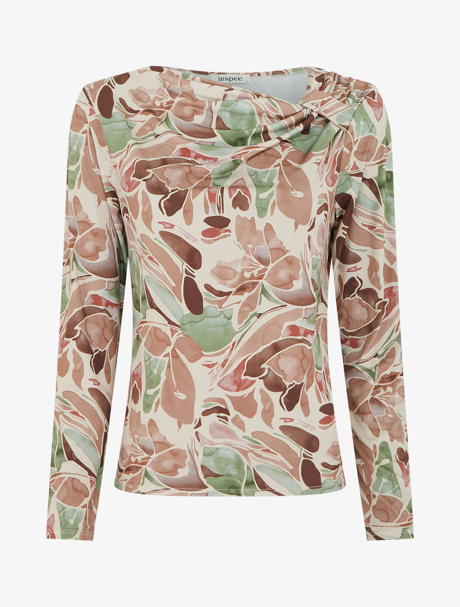 Top imprimé floral à manches longues - Beige - 1