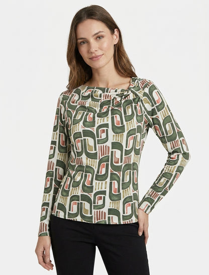 Top estampado retro de manga larga - Caqui