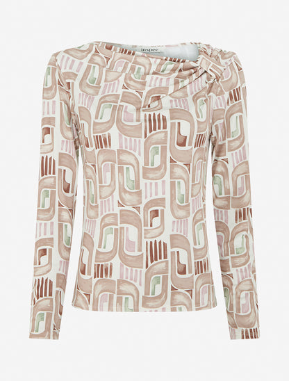 Top imprimé rétro à manches longues - Beige - 1