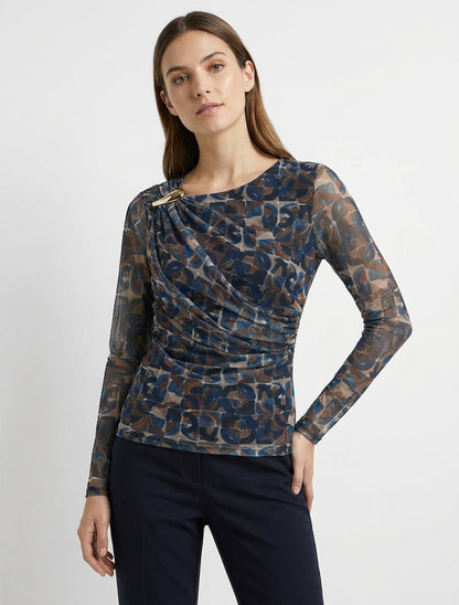 Top de tul transparente con estampado abstracto y aplicación de joya. - Marine