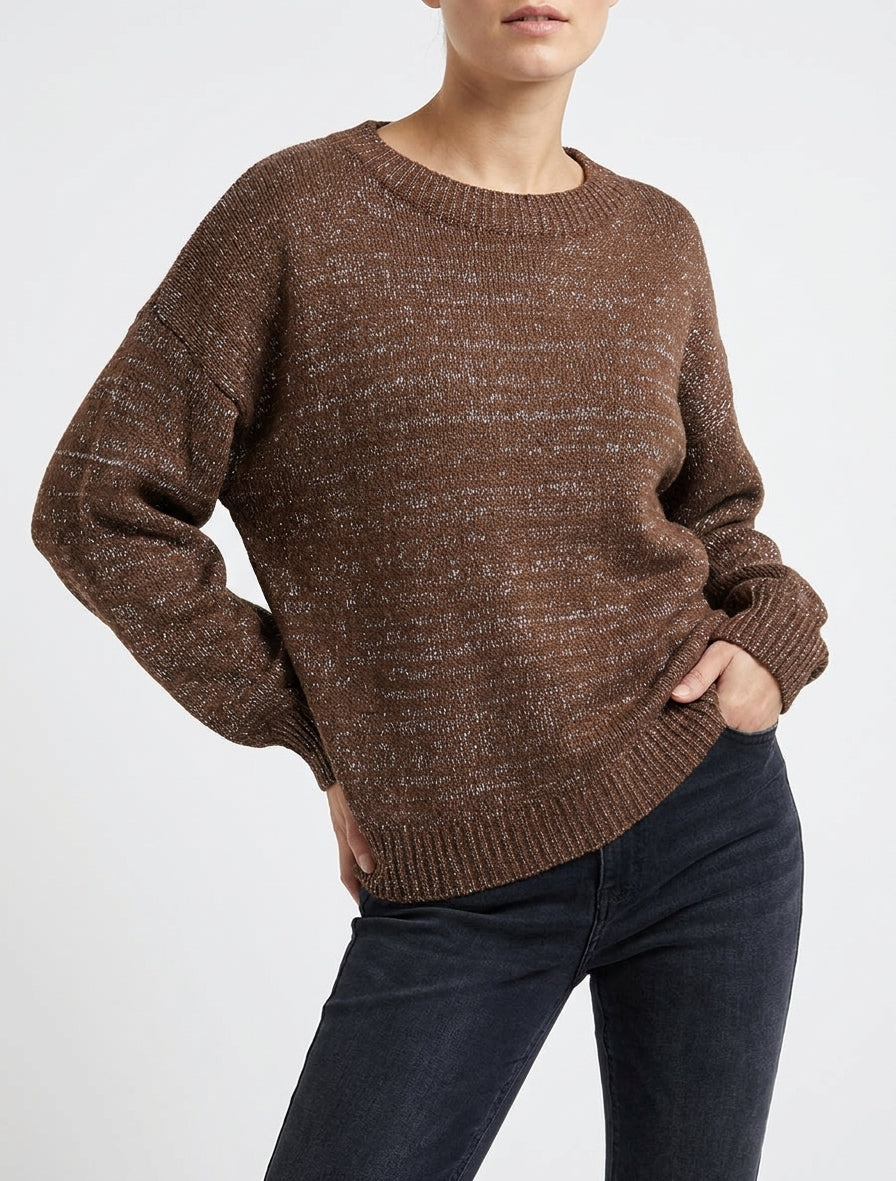 Jersey holgado de punto irisado con cuello redondo - Marrón
