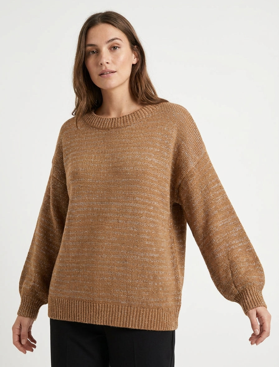 Jersey holgado de punto irisado con cuello redondo - Camello