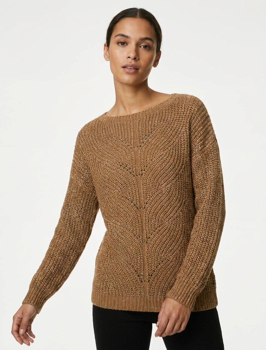 Jersey recto de punto irisado con cuello barco - Camello