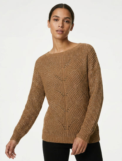 Jersey recto de punto irisado con cuello barco - Camello