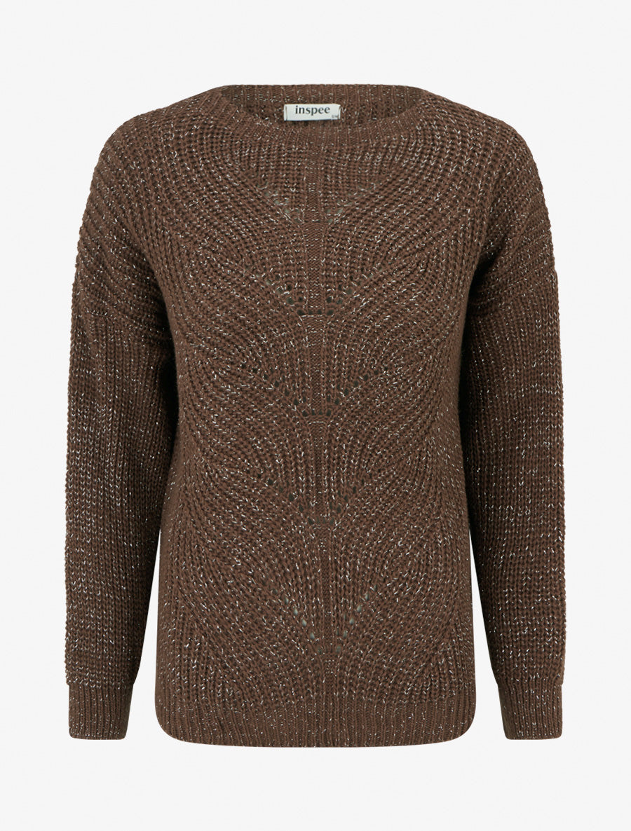 Pull droit en maille irisée à col bateau - Marron - 1