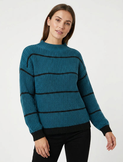 Jersey recto con cuello alto y rayas. - Azul pato