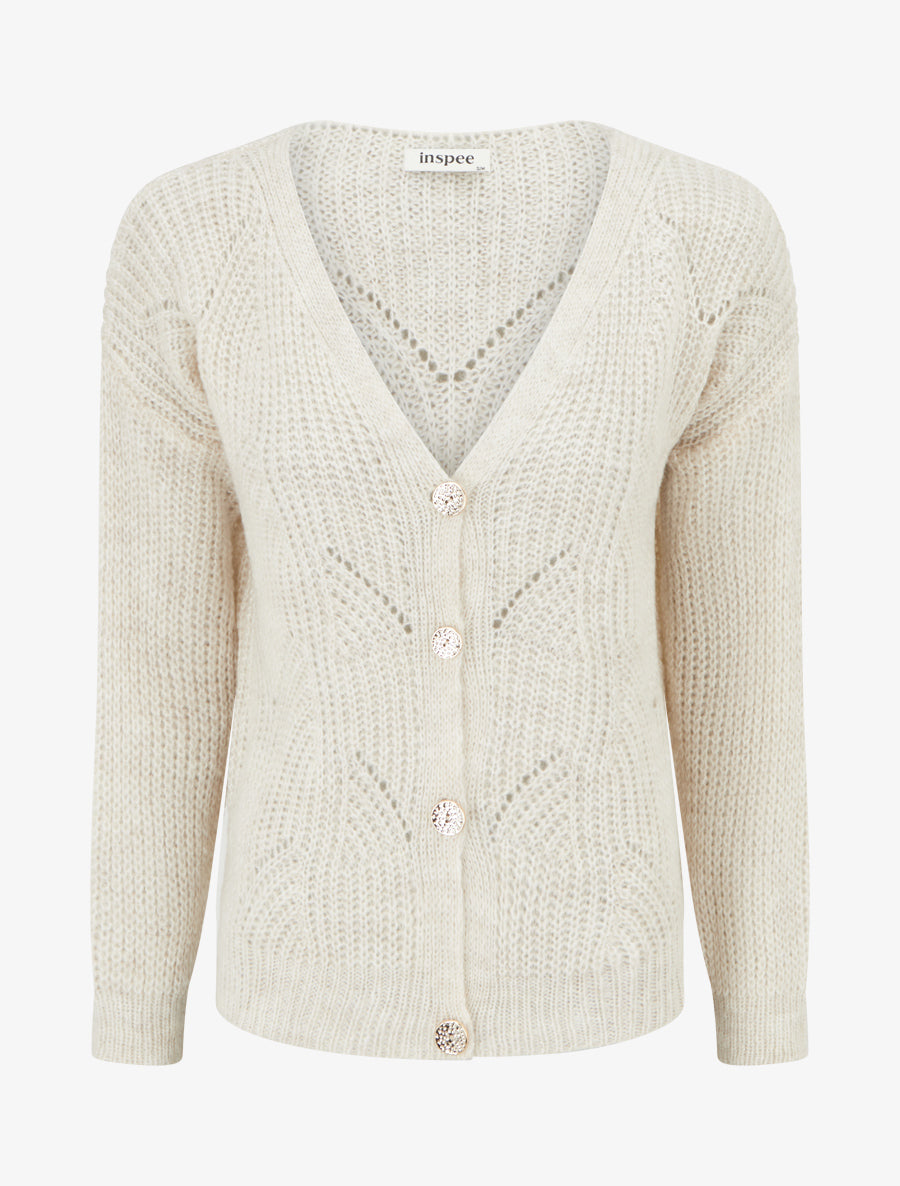 Gilet en maille fantaisie à col V - Écru - 1