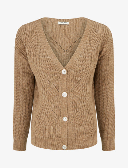 Gilet en maille fantaisie à col V - Camel - 1