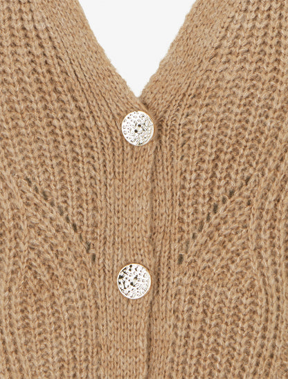 Gilet en maille fantaisie à col V - Camel - 3