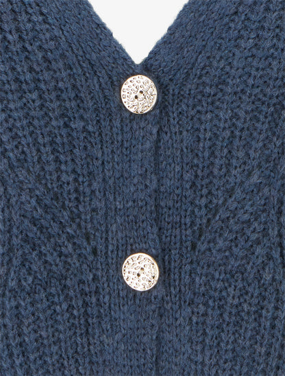 Gilet en maille fantaisie à col V - Bleu - 3