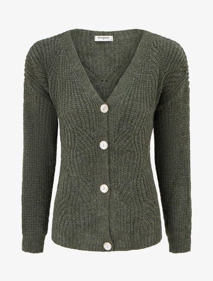 Gilet en maille fantaisie à col V - Kaki - 1