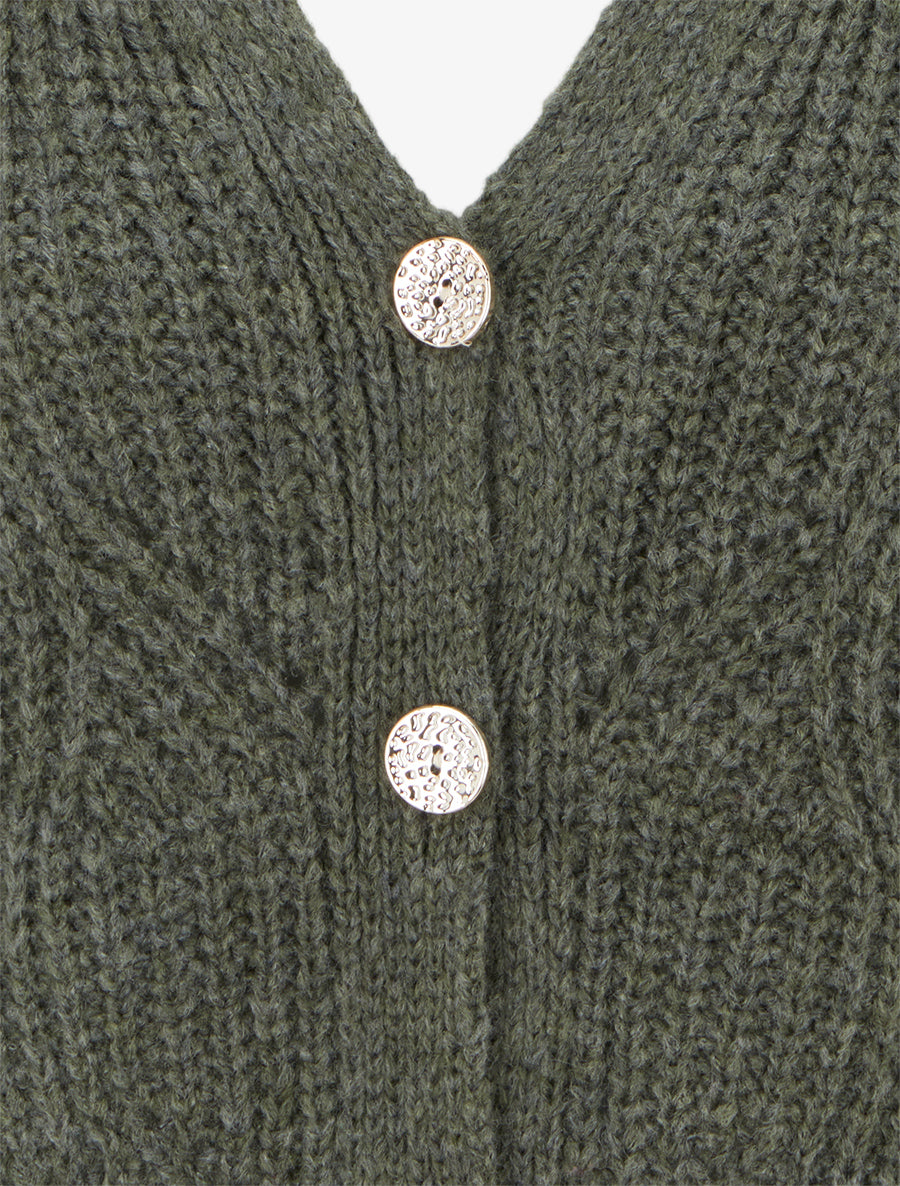 Gilet en maille fantaisie à col V - Kaki - 3