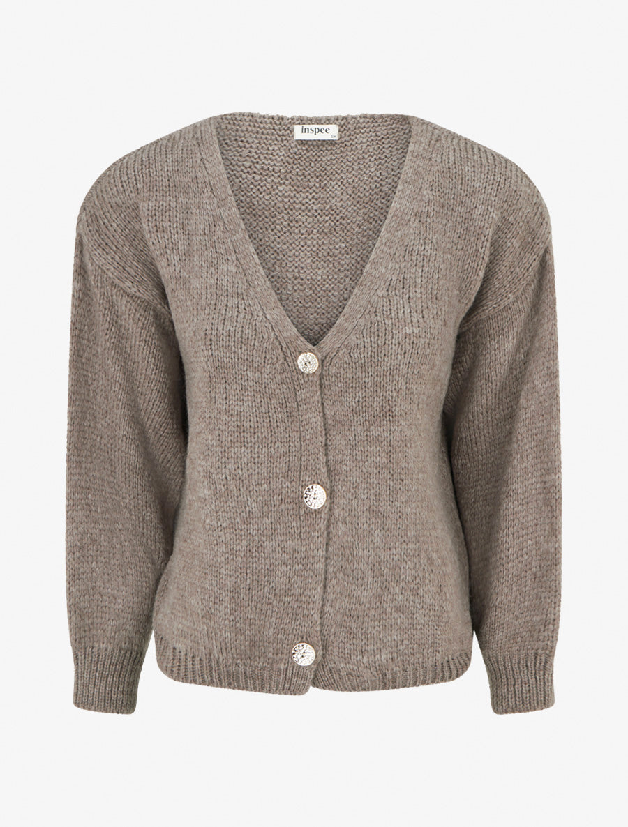 Gilet ample en maille épaisse à col V - Taupe - 1