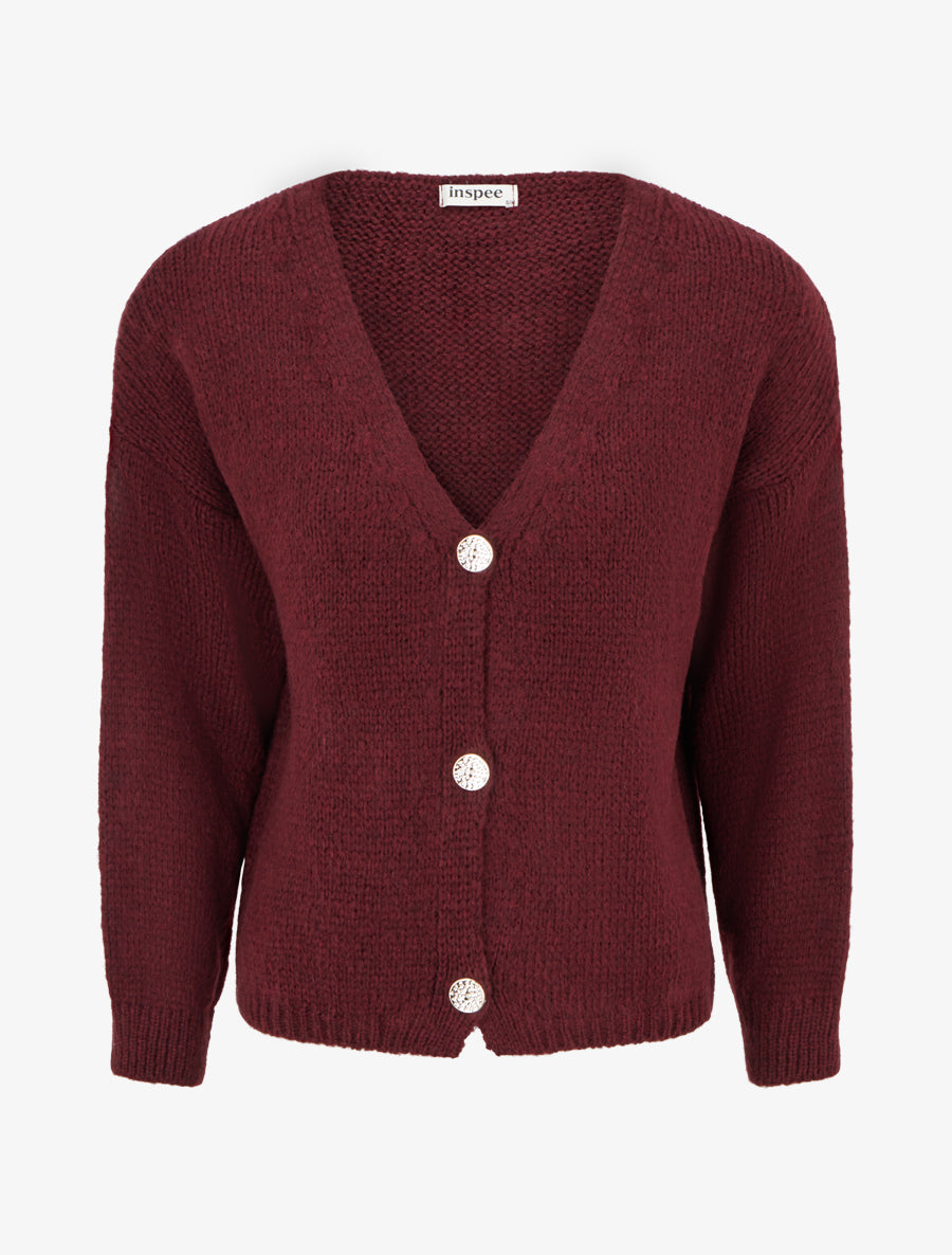 Gilet ample en maille épaisse à col V - Lie de vin - 1