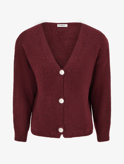 Gilet ample en maille épaisse à col V - Lie de vin - 1