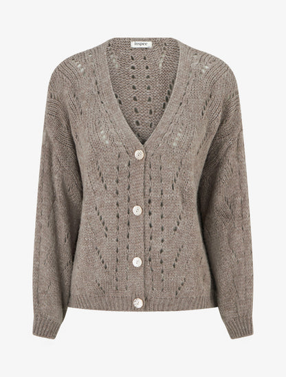 Gilet ample en maille ajourée à col V - Taupe - 1