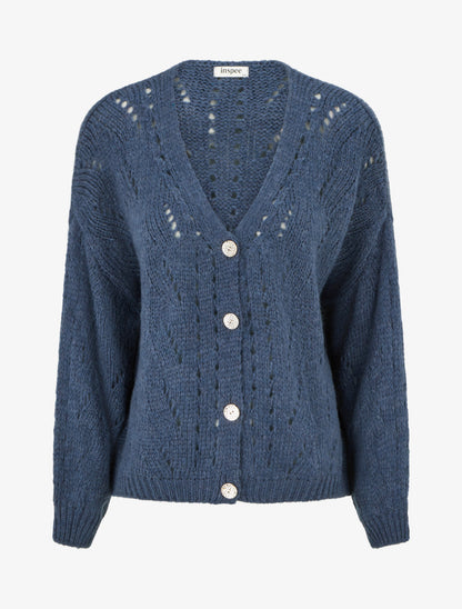 Gilet ample en maille ajourée à col V - Bleu - 1