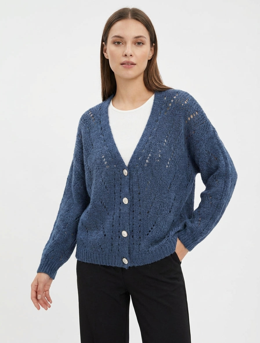 Chaleco holgado de punto calado con cuello en V - Azul