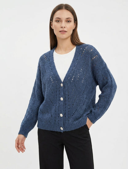 Chaleco holgado de punto calado con cuello en V - Azul